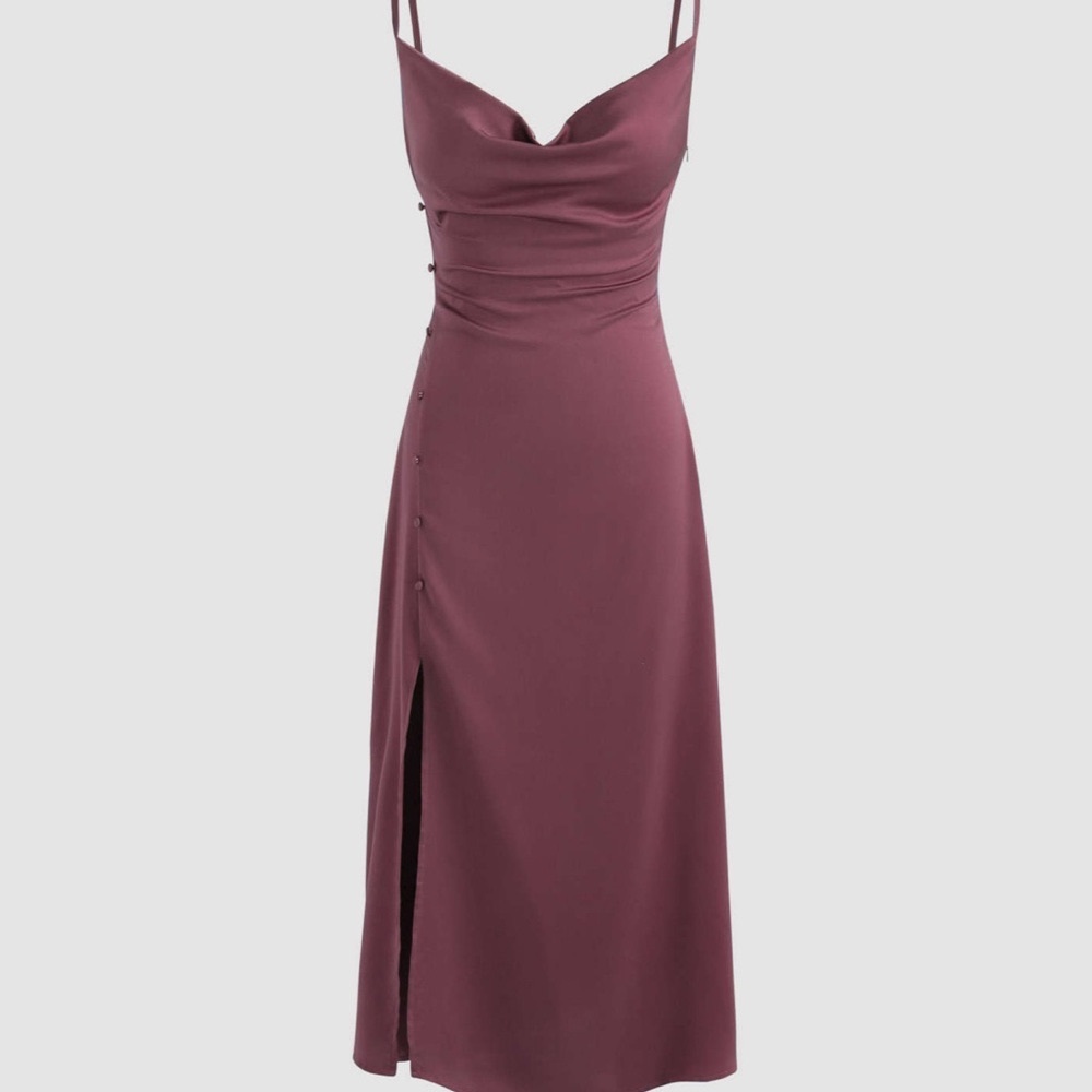 Cider | L | SOLID COWL NECK SLIT MIDI DRESS in Purple
